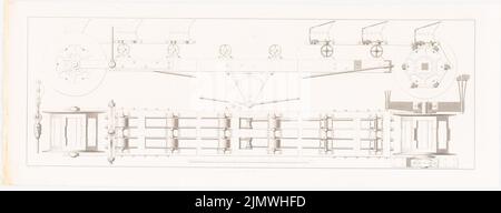 Unbekannter Autor, Dampfbagger zur Vertiefung der Fahrrinne in Stralsund (1834): Details zum Bagger (aus: Bau des preußischen Staates, Vol. 1, Bl. L 70, S. Stich auf Papier, 28,4 x 74,5 cm (inklusive Scankanten) unbek. Verfasser : Dampfmaschinen-Bagger für die Versteifung des Fahrwassers bei Stralsund. (Aus: Bauausführungen des preußischen Staates, Bd. 1) Stockfoto
