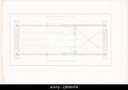Oberbau Deputation, Gefängnis in Halle/Saale (1836-1836): Bau der Brücken zwischen Haupt- und Gefängnisgebäude: Tauche-Ansicht, Grundriß (aus: Bau des preußischen Staates, Vol. 2, Bl. L 50, S. Stich auf Papier, 35,5 x 53,6 cm (inklusive Scankanten) Oberbaudeputation : Gängnis, Halle/Saale. (Aus: Bauausführungen des preußischen Staates, Bd. 2) Stockfoto