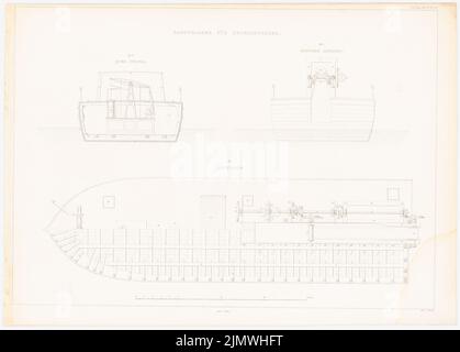 Unbekannter Autor, Dampfbagger (ohne Datum): Querschnitt, Rückansicht, Grundriß (aus: Bauvorhaben des preußischen Staates, Vol. 2, Bl. L 40, S. Stich auf Papier, 39,7 x 55,4 cm (inklusive Scankanten) unbek. Verfasser : Dampfmaschinenbagger. (Aus: Bauausführungen des preußischen Staates, Bd. 2) Stockfoto