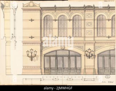 Becker Nicolaus, Bahnhof Staorsbahn in Berlin. Monatlicher Wettbewerb Oktober 1878 (10,1878): Grundrissfassade, aufrechte Seitenansicht (Ausschnitt), 2 vertikale Fassadenschnitte; Maßstabsbalken. Tusche Aquarell auf der Schachtel, 59 x 79,9 cm (inklusive Scan-Kanten) Becker Nicolaus : Bahnhof Börse der Stadtbahn, Berlin. Monatskurrenz Oktober 1878 Stockfoto