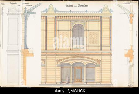 Unbekannter Architekt, Staorsbahn Station Stadtbahn in Berlin. Monatlicher Wettbewerb Oktober 1878 (10,1878): Riss-Seitenansicht (Ausschnitt), vertikaler Fassadenschnitt, Umriss der Vorderansicht und Seitenansicht eines Ecksteins mit einem Detail. Tusche Aquarell auf der Schachtel, 59,3 x 93,8 cm (einschließlich Scankanten) N.N. : Bahnhof Börse der Stadtbahn, Berlin. Monatskurrenz Oktober 1878 Stockfoto