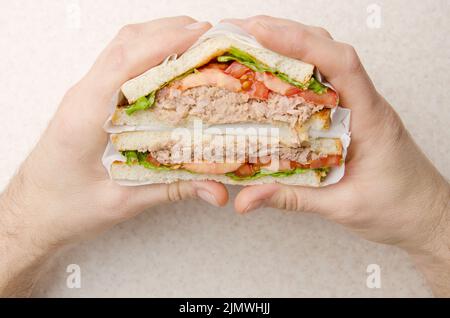 Gepackte Tuna Sandwiches mit Salattomaten und Zwiebeln, die in der Hand des kaukasischen Modells zur Hälfte geschnitten wurden Stockfoto