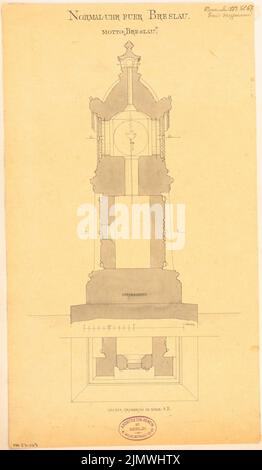 Hoffmann Emil (1845-1901), Normaluhr, Breslau. Monatlicher Wettbewerb November 1883 (11,1883): Halbgeschossplan, vertikaler Schnitt; Merkmale (Kopie, weil Original an Ausfober ging). Tusche Aquarell auf transparent, 44,6 x 25,9 cm (inklusive Scankanten) Hoffmann Emil (1845-1901): Normaluhr, Breslau. Monatskurrenz November 1883 Stockfoto