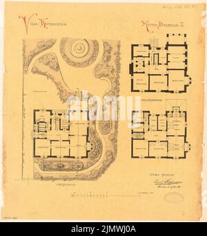 Hoffmann Emil (1845-1901), Villa für M. Katzenstein in Bielefeld. Monatlicher Wettbewerb März 1884 (03,1884): Lageplan mit Erdgeschoss, Keller, Obergeschoss; Maßstab Bar. Tusche Aquarell auf Transparent, 45,6 x 42,6 cm (inklusive Scan-Kanten) Hoffmann Emil (1845-1901): Villa für M. Katzenstein, Bielefeld. Monatskurrenz März 1884 Stockfoto