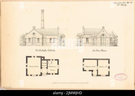 Butz Hermann (1855-1911), Bezirkskrankenhaus in Insterburg. Monatlicher Wettbewerb November 1885 (11,1885): Leichenhalle und Hofgebäude: Jeweils im Grundriß Erdgeschoss und aufrechte Vorderansicht; Scale-Bar. Tinte auf Karton, 28,1 x 41,8 cm (inklusive Scankanten) Butz Hermann (1855-1911): Kreiskrankenhaus, Insterburg. Monatskurrenz November 1885 Stockfoto