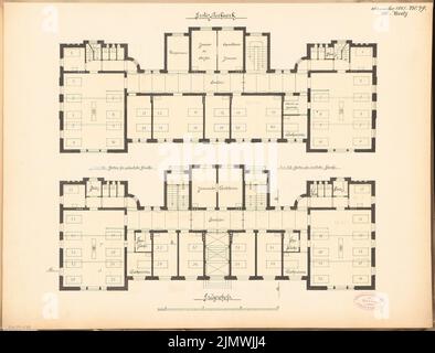 Butz Hermann (1855-1911), Bezirkskrankenhaus in Insterburg. Monatlicher Wettbewerb November 1885 (11,1885): Grundriß Erdgeschoss, Obergeschoss; Maßstab Bar. Tinte auf Karton, 42,9 x 56,3 cm (inklusive Scankanten) Butz Hermann (1855-1911): Kreiskrankenhaus, Insterburg. Monatskurrenz November 1885 Stockfoto