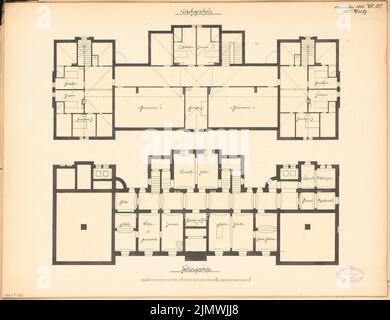 Butz Hermann (1855-1911), Bezirkskrankenhaus in Insterburg. Monatlicher Wettbewerb November 1885 (11,1885): Grundriß Keller, Dachgeschoss; Maßstab Bar. Tinte auf Karton, 42,8 x 55,7 cm (inklusive Scankanten) Butz Hermann (1855-1911): Kreiskrankenhaus, Insterburg. Monatskurrenz November 1885 Stockfoto