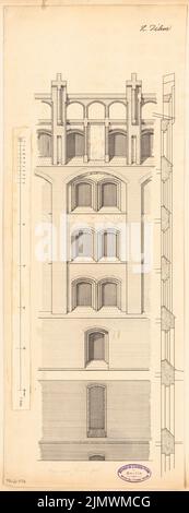 DIMM Ludwig (1849-1928), Getreidelager an der Oberen Spree in Berlin. Monatlicher Wettbewerb April 1895 (04,1895): Riss Road View (Ausschnitt), senkrechter Fassadenschnitt 1: 200; Maßstabsbalken. Tinte auf Karton, 58,9 x 22,7 cm (inklusive Scankanten) Dihm Ludwig (1849-1928): Getreidespeicher an der Oberspree, Berlin. Monatskurrenz April 1895 Stockfoto