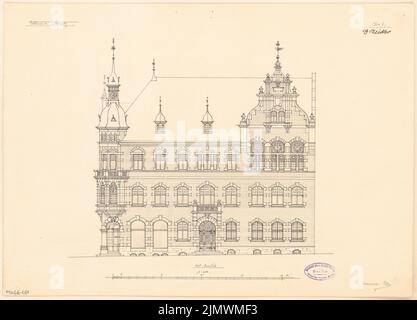 Zeidler Georg (1860-1915), Rathaus Tarnowitz. Monatlicher Wettbewerb 1895. Oktober (10,1895): Riss Vorderansicht (Nordseite) 1: 100; Maßstab bar. Tinte auf Karton, 37,2 x 51,7 cm (inklusive Scankanten) Zeidler Georg (1860-1915): Rathaus, Tarnowitz. Monatskurrenz Oktober 1895 Stockfoto