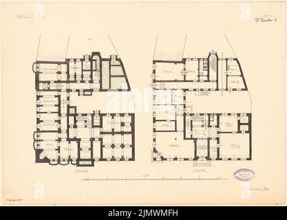 Zeidler Georg (1860-1915), Rathaus Tarnowitz. Monatlicher Wettbewerb Oktober 1895 (10,1895): Grundriss Keller, Erdgeschoss; Scale Bar. Tinte auf Karton, 37,1 x 51,6 cm (inklusive Scankanten) Zeidler Georg (1860-1915): Rathaus, Tarnowitz. Monatskurrenz Oktober 1895 Stockfoto