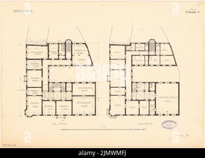 Zeidler Georg (1860-1915), Rathaus Tarnowitz. Monatlicher Wettbewerb 1895. Oktober (10,1895): Grundriß 1. und 2. Stock; Maßstab bar. Tinte auf Karton, 37,3 x 51,6 cm (inklusive Scankanten) Zeidler Georg (1860-1915): Rathaus, Tarnowitz. Monatskurrenz Oktober 1895 Stockfoto