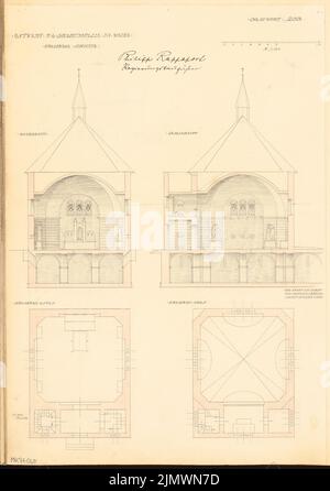 Rappaport Phillip (geb. 1879), Kryptenkapelle im Wald. Monatlicher Wettbewerb Dezember 1906 (12,1906): Grundriß Keller, Erdgeschoss, Längsschnitt, Querschnitt 1: 100; Maßstabsbalken. Bleistift-Aquarell auf der Schachtel, 54,3 x 38,3 cm (einschließlich Scankanten) Rappaport Phillip (geb. 1879): Gruftkapelle im Walde. Monatskurrenz Dezember 1906 Stockfoto