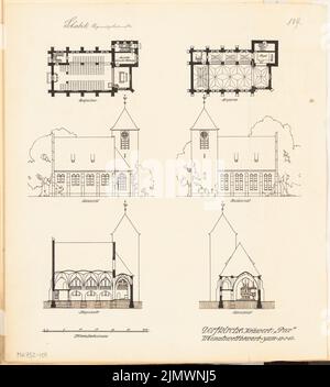 Schabik Carl (geboren 1882), evangelische Dorfkirche. Monatlicher Wettbewerb im Januar 1913 (01,1913): Grundriß Erdgeschoss, Galerie Boden, Nordansicht, Nordansicht, Längsschnitt, Querschnitt 1:200; Skalenbalken. Tinte auf Karton, 57,1 x 51,6 cm (inklusive Scankanten) Schabik Carl (geb. 1882): Evangelische Dorfkirche. Monatskurrenz Januar 1913 Stockfoto