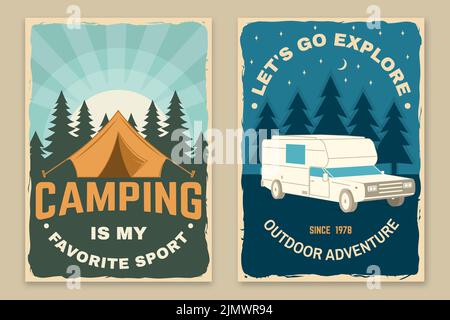 Set von Camping Poster, Banner. Vektorgrafik. Konzept für Hemd oder Logo, Print, Stempel oder T-Shirt. Vintage Typografie Design mit Camper rv, Zelt und Stock Vektor