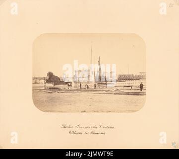 Unbekannter Architekt, Berlin-Hannoversche Bahn, Elbbrücke bei Hämerten (ca. 1868): Blick auf die Baustelle. Foto auf Karton, 39,3 x 47,3 cm (einschließlich Scankanten) N.N. : Berlin-Hannoversche Eisenbahn. Elbbrücke, Hämerten Stockfoto