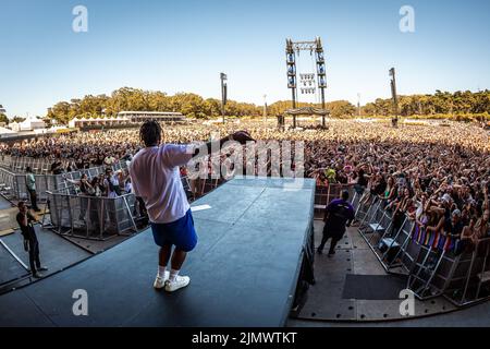 San Francisco, USA. 07. August 2022. Pusha T tritt auf der Lands End Stage während des Outside Lands 2022 Music and Arts Festival auf, das am 7. August 2022 im Golden Gate Bridge Park in San Francisco, CA, stattfindet. (Foto von Alive Coverage/Sipa USA) Quelle: SIPA USA/Alamy Live News Stockfoto