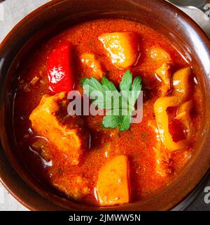 Ungarische Gulaschsuppe in einem Kessel oder Topf Stockfoto