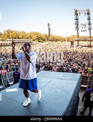 San Francisco, USA. 07. August 2022. Pusha T tritt auf der Lands End Stage während des Outside Lands 2022 Music and Arts Festival auf, das am 7. August 2022 im Golden Gate Bridge Park in San Francisco, CA, stattfindet. (Foto von Alive Coverage/Sipa USA) Quelle: SIPA USA/Alamy Live News Stockfoto