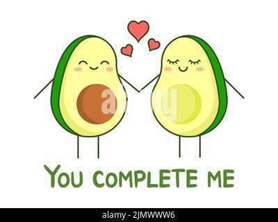 Zwei verliebte Avocados halten sich die Hände. Du vervollständigst mich. Nettes Avocado Paar mit Liebesbotschaft. Grußkarte zum Jahrestag. Vektorgrafik, Clipart Stock Vektor