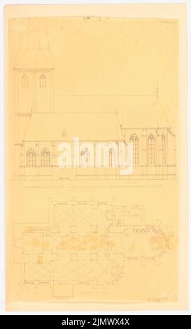 Quast Ferdinand von (1807-1877), St. Martin in Euskirchen (1871): Seitenansicht, Grundriß, Maßstabsbalken. Bleistift auf transparent, 44,6 x 27 cm (inklusive Scankanten) Quast Ferdinand von (1807-1877): St. Martin, Euskirchen Stockfoto