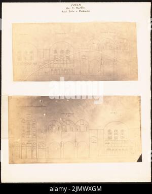 Quast Ferdinand von (1807-1877), Groß St. Martin in Köln (aus: 13 Fotos nach Restaurierungsentwürfen von Essenwein) (ohne dat.): 2 Fotos: Zwei Übersichten der Darstellungen an den Wänden und an den Fenstern: ost- und Südseite, Mittelschiff - Westseite, Nordmitt. Foto auf Papier, 35,2 x 29,1 cm (inklusive Scan-Kanten) Quast Ferdinand von (1807-1877): Groß St. Martin, Köln. (Aus: 13 Fotos nach Restaurantwürden von Essenwein) Stockfoto