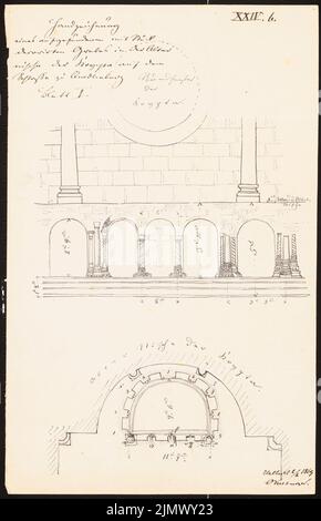 Quast Ferdinand von (1807-1877), Stiftskirche St. Servatius (Dom) in Quedlinburg (02.02.1869): Schneiden Sie die Krypta und den Grundriß des Altarns der Krypta mit Abmessungen und Nummerierung der Säulen und Säulen. Tusche auf Papier, 36,8 x 23,7 cm (inklusive Scankanten) Quast Ferdinand von (1807-1877): Stiftskirche St. Servatius (Dom), Quedlinburg Stockfoto