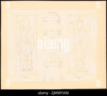 Quast Ferdinand von (1807-1877), Tiare und Reliefs von Erzbischöfen nach Trier (ohne dat.): Ansicht von drei Tiare der Bischöfe Albero, Theoderich II., Arnold II. Und zwei (Sarkophag?) Reliefs der Bischöpfe Albero und Boemund II. Papier, 26 x 30,8 cm (inklusive Scan-Kanten) Quast Ferdinand von (1807-1877): Tiaren und Reliefs von Erzbischöfen von Trier Stockfoto
