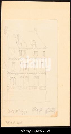 Quast Ferdinand von (1807-1877), Gebäude (Schloss?) In Zell/Mosel (14.08.1875): Perspektivische Teilansicht mit detaillierten Skizzen Ornamentik Oberfenster. Bleistift auf Papier (Skizzenbuch), 19,8 x 11 cm (inklusive Scankanten) Quast Ferdinand von (1807-1877): Gebäude (Schloss?), Zell/Mosel Stockfoto