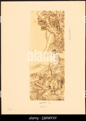 Quast Ferdinand von (1807-1877), Passeirer/Passeier Tor und Brunnenburg/Brunnenberg bei Meran (1872): Zwei Durchgangszeichnungen: Perspektivische Ansicht des Stadttores mit Umgebung und Figurenstab, Ansicht der Burgruine, 1872, S.. Tusche auf Transparent, 31 x 23,2 cm (inklusive Scan-Kanten) Quast Ferdinand von (1807-1877): Passeirer Tor und Brunnenburg, Meran Stockfoto