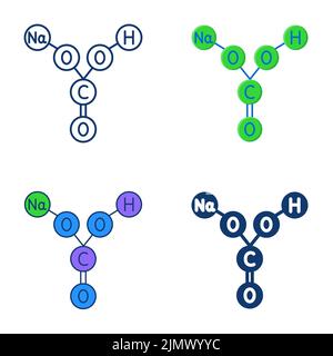 Strukturformel von Backpulver Symbol in flachen und Linie Stil gesetzt. Chemisches Modell von Natriumbicarbonat. Vektorgrafik. Stock Vektor