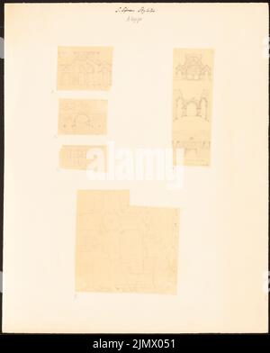 Quast Ferdinand von (1807-1877), St. Symeon Stylites bei Aleppo und S. Simon (zerstört) in Mandras (ohne Datum): St. Sympeon: Durch den Haupteingang geschnitten, Querschnitt, Seitenansicht, Grundriß des gesamten Klosters, Maßstreifen, nach Pococke (vier Blätter,. Bleistift auf Transparent, 35,3 x 28,5 cm (inklusive Scan-Kanten) Quast Ferdinand von (1807-1877): St. Symeon Stylites, Aleppo und S. Simon (zerstört), Mandras Stockfoto