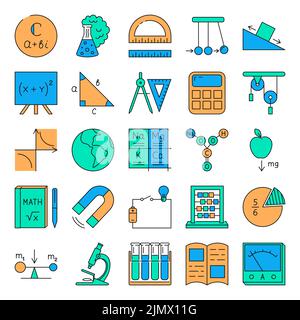 Symbole für den Bildungsbereich sind in farbigen Linien gehalten. Vektorgrafik. Stock Vektor