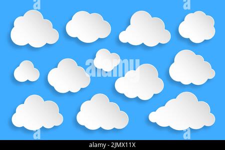 Papiergeschnittene Wolken auf blauem Himmel Hintergrund. Forecast weiß niedlich Wolke Symbol-Sammlung. Cartoon-Stil Origami Web-Banner mit Licht und Schatten. Verschiedene runde Formen Rede denken Blase Konzept Stock Vektor