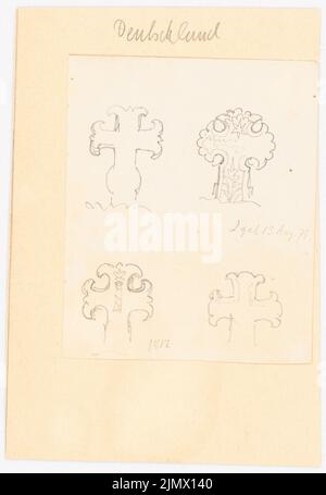 Quast Ferdinand von (1807-1877), vier Gilgenkreuze in Igel (13.08.1875): Ansichten stilisierter Lilienkreuze (eines von 1812). Bleistift auf Papier, 16,1 x 11,1 cm (inklusive Scankanten) Quast Ferdinand von (1807-1877): Vier Gilgenkreuze, Igel Stockfoto