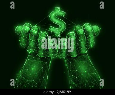 Zeiger, die das Dollarsymbol auf einem polygonalen Vektor auf dunklem Hintergrund halten. Konzept des Investierens oder Sparens von Geld. Geschäfts- und Finanzvorlage, Ban Stock Vektor