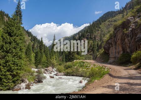 Ein wunderschöner stürmischer Gebirgsfluss von milchigem Farbton fließt schnell zwischen großen Steinen und Felsbrocken in der Nähe der Berge und des blauen Himmels. Der Gebirgsfluss f Stockfoto