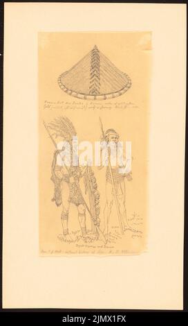 Quast Ferdinand von (1807-1877), Dayak/Dajak Krieger und Dusum sowie Frauenhut aus Rattan auf Bornan (ohne Datum): Ansicht der beiden Männer in den Kriegsmächten und der Hut mit Farbdetails (Kreation nach J. G. Holz, Naturgeschichte des Menschen II, 4. Bleistift auf Transparent, 30,1 x 18,2 cm (inklusive Scankanten) Quast Ferdinand von (1807-1877): Dayak/Dajak-Krieger und Dusum sowie Frauenhut aus Rattan auf Borneo Stockfoto