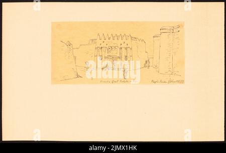 Quast Ferdinand von (1807-1877), Haus des Griot Sukutu in Segu (ohne dat.): Perspektivische Außenansicht mit Personal (nach oder durch Zeichnung nach Magier Travel to the Upper Senegal and Niger, Globus, XIV, 257). Tusche auf Transparent, 18,9 x 29,8 cm (inklusive Scankanten) Quast Ferdinand von (1807-1877): Haus des Griot Sukutu, Segu Stockfoto