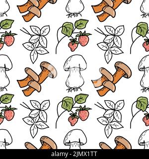 Herbstpilz nahtloses Muster. Vektor-Muster mit Steinpilz und Geißblätterpilz, mit wilden Erdbeeren. Design für Einbände, Schreibwaren und Text Stock Vektor