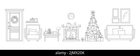 Gemütliches weihnachten Korridor Eingang Zimmer Linie Kunst Möbel Set. Stock Vektor