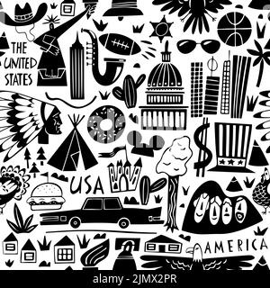 Vektor Hand gezeichnet nahtloses Muster der Vereinigten Staaten von Amerika mit Wahrzeichen. Reisedarstellung der USA. Nordamerika Hintergrund Stock Vektor