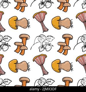 Herbstpilz nahtloses Muster. Vektor-Muster mit Steinpilz und Geißblätterpilz, mit wilden Erdbeeren. Design für Einbände, Schreibwaren und Text Stock Vektor