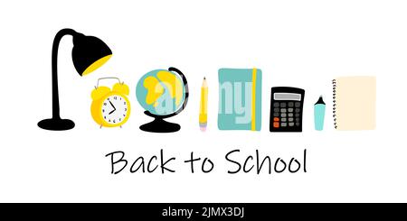 Illustration zur Schulzeit mit Wecker, Globus, Tischlampe, Notizbuch, Rechner und Bleistift auf weißem Hintergrund isoliert Stock Vektor