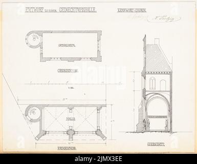 Poelzig Hans (1869-1936), Gedenkhalle. Monatlicher Wettbewerb Januar 1899 (01,1899): Grundriß Erdgeschoss, Obergeschoss, Querschnitt; Skalenbalken. Tinte auf Karton, 43,2 x 55,4 cm (inklusive Scan-Kanten) Poelzig Hans (1869-1936): Gedächtnishalle. Monatskurrenz Januar 1899 Stockfoto