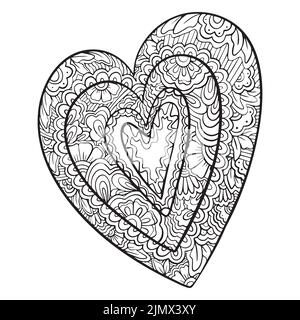 Vektor handgezeichnete schwarze Herzen im zentangle Stil. Zen Doodle Muster für ausmalen. Valentinstag Hintergrund. Färbung monochrome Seite für Stock Vektor