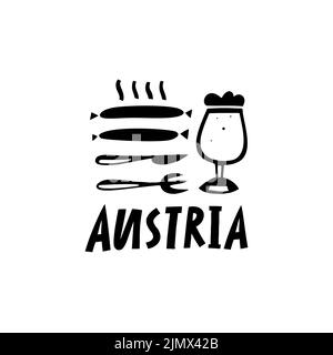 Vektor Handgezeichnetes Symbol von Österreich. Reisebilder österreichischer Schilder. Handgezeichnete Schriftzüge. Wahrzeichen-Logo Stock Vektor