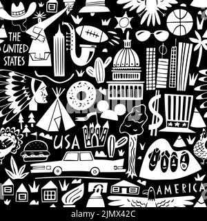 Vektor Hand gezeichnet nahtloses Muster der Vereinigten Staaten von Amerika mit Wahrzeichen. Reisedarstellung der USA. Nordamerika Hintergrund Stock Vektor