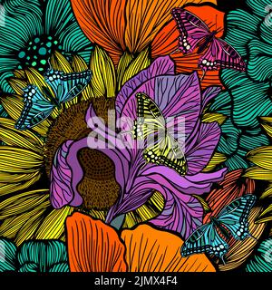 Tropisches Muster mit bunten handgezeichneten Elementen und witzigem Hintergrund. Blattmuster . Nahtlose Blüten. Vektorgrafik Stock Vektor