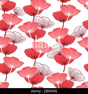 Nahtloses Muster Mohnblumen rot auf weißem Hintergrund. Vektorgrafik Stock Vektor
