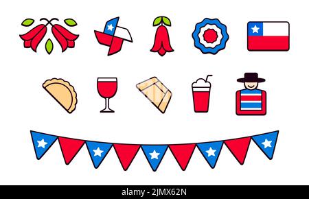 Chile Icon-Set. Traditionelle chilenische Nationalsymbole für den Unabhängigkeitstag von Fiestas Patrias (Dieciocho) in Chile. Nette und einfache Cartoon-Linie Symbole. Stock Vektor